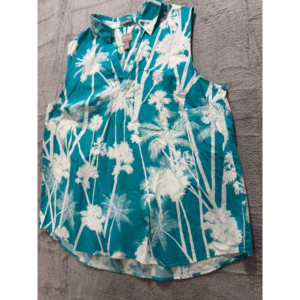 Chico's Sleeveless Blouse Womens Size 3 Teal Palm Print Tropical Resort - Picture 4 of 11